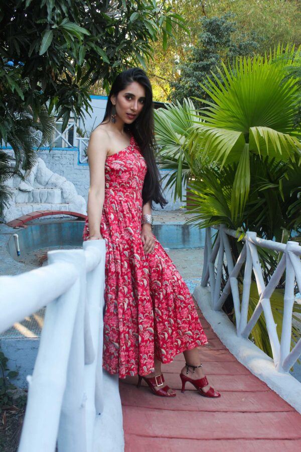 Hibiscus Red One Shoulder Maxi Dress - Image 5