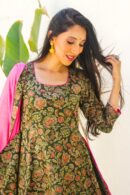 Forest Green floral assymetic a line katha set