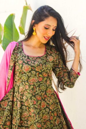 Forest Green floral assymetic a line katha set