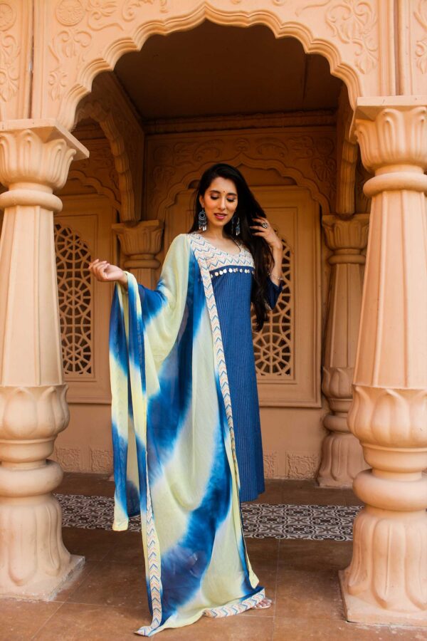 Navy blue katha zig zag straight kurta set - Image 2