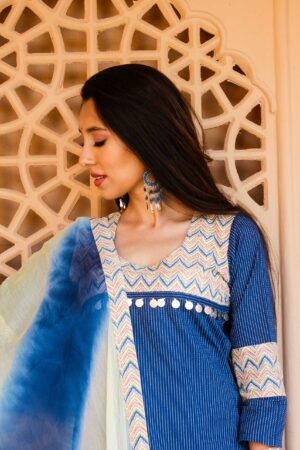 Navy blue katha zig zag straight kurta set