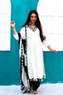 White and black cotton salwar set with tie-dyed leheriya chiffon dupatta