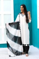 White and black cotton salwar set with tie-dyed leheriya chiffon dupatta