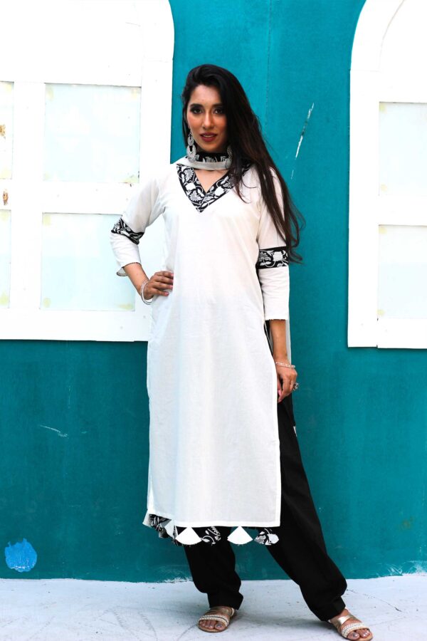 White and black cotton salwar set with tie-dyed leheriya chiffon dupatta - Image 3