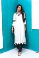 White and black cotton salwar set with tie-dyed leheriya chiffon dupatta