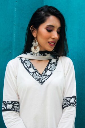 White and black cotton salwar set with tie-dyed leheriya chiffon dupatta