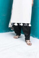 White and black cotton salwar set with tie-dyed leheriya chiffon dupatta