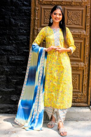 Yellow Blue ikat kurta set