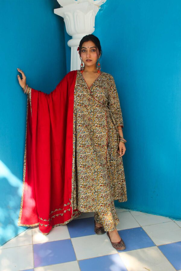 Mustard Kalamkari With red duppata - Image 6