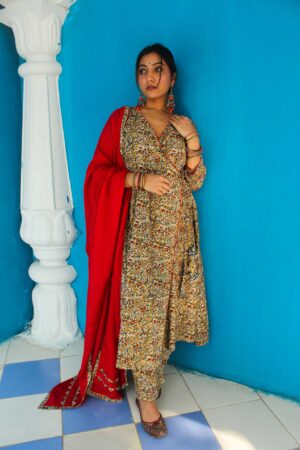 Mustard Kalamkari With red duppata