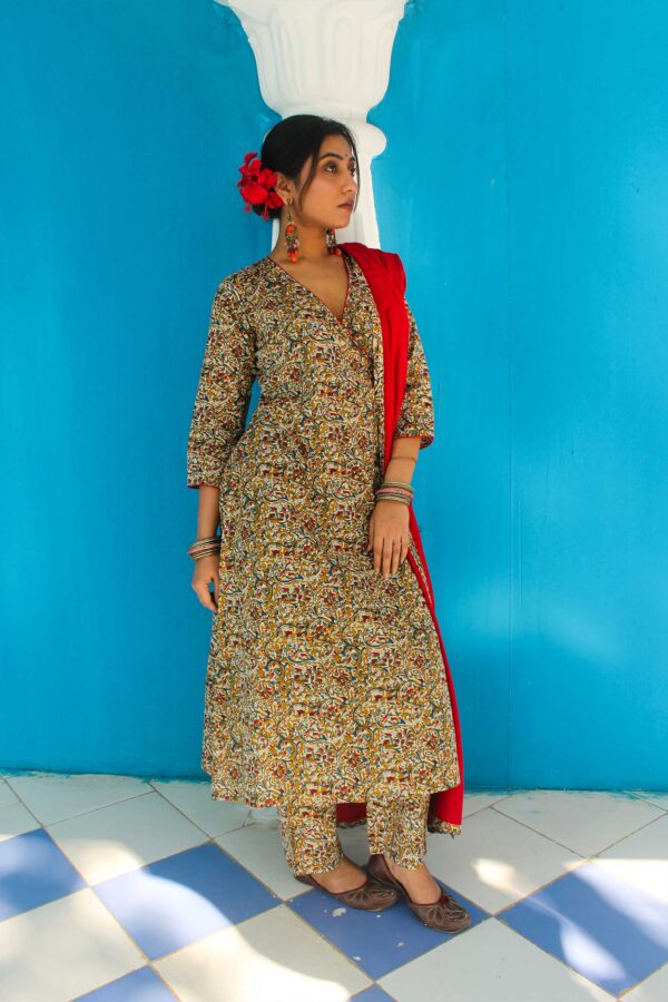 Mustard Kalamkari With red duppata - Image 4