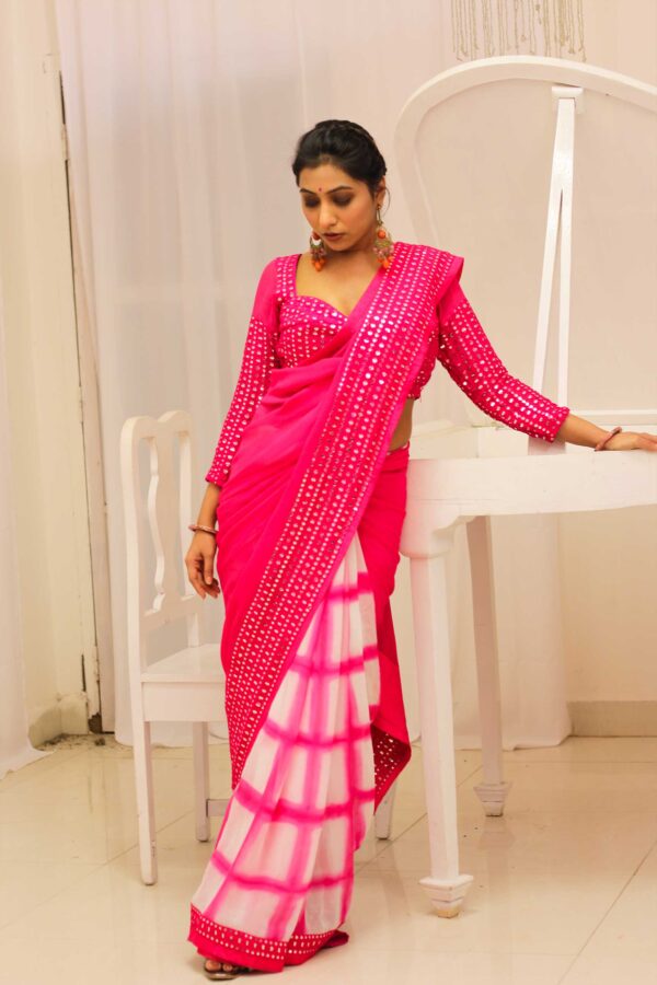 Hot Pink & White Georgette Shibori Tie and Dye Saree - Image 6