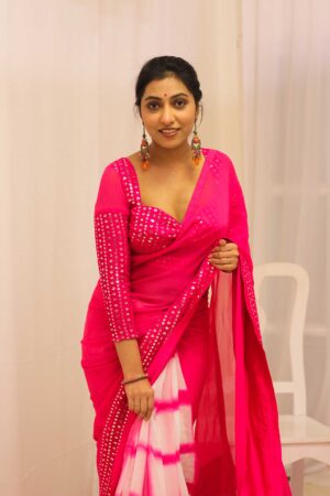 Hot Pink & White Georgette Shibori Tie and Dye Saree