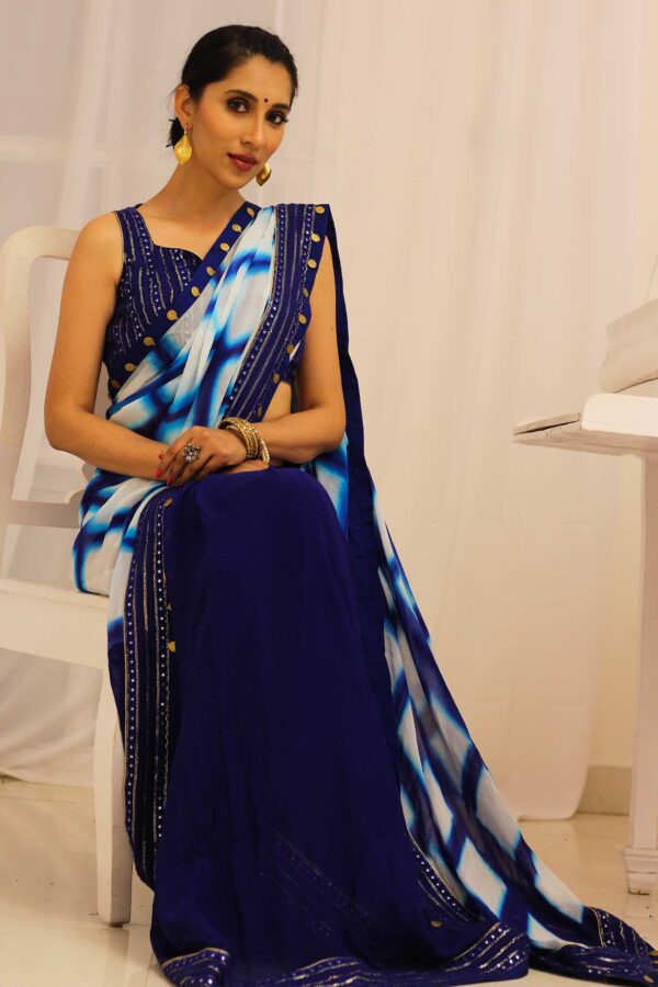 Blue & White Georgette Shibori Tie and Dye Saree - Image 4
