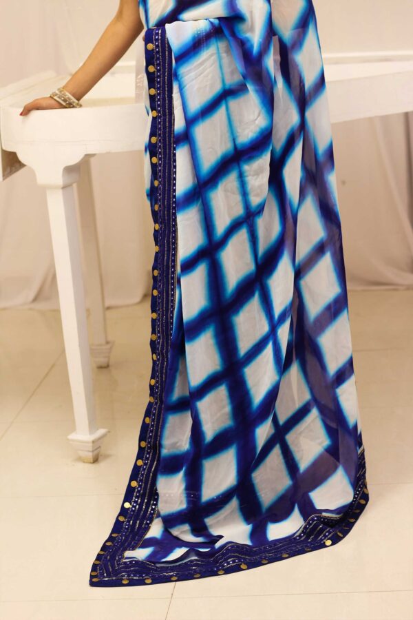 Blue & White Georgette Shibori Tie and Dye Saree - Image 2
