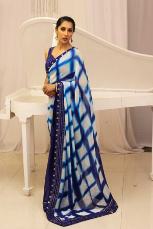 Blue & White Georgette Shibori Tie and Dye Saree